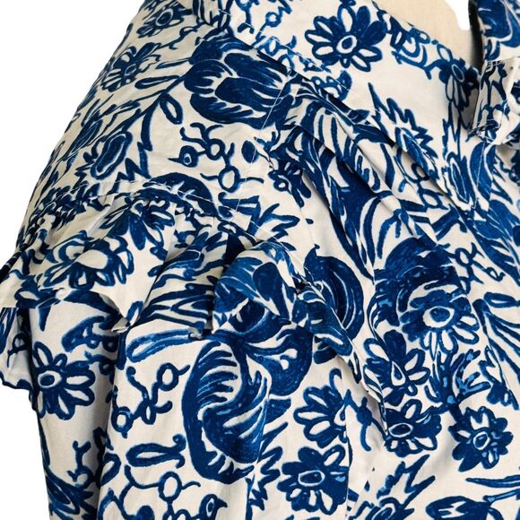 Charter Club X-Large Top Floral Long Sleeve Button-Up Ruffled Collar Blue White - Picture 3 of 9
